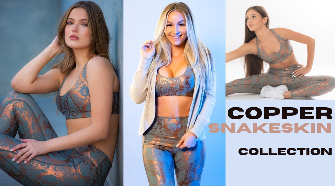  The image is a collage for the Copper Snakeskin Collection, featuring three women modeling activewear with a copper snakeskin pattern, including leggings and sports bras. The text "COPPER SNAKESKIN COLLECTION" is prominently displayed.