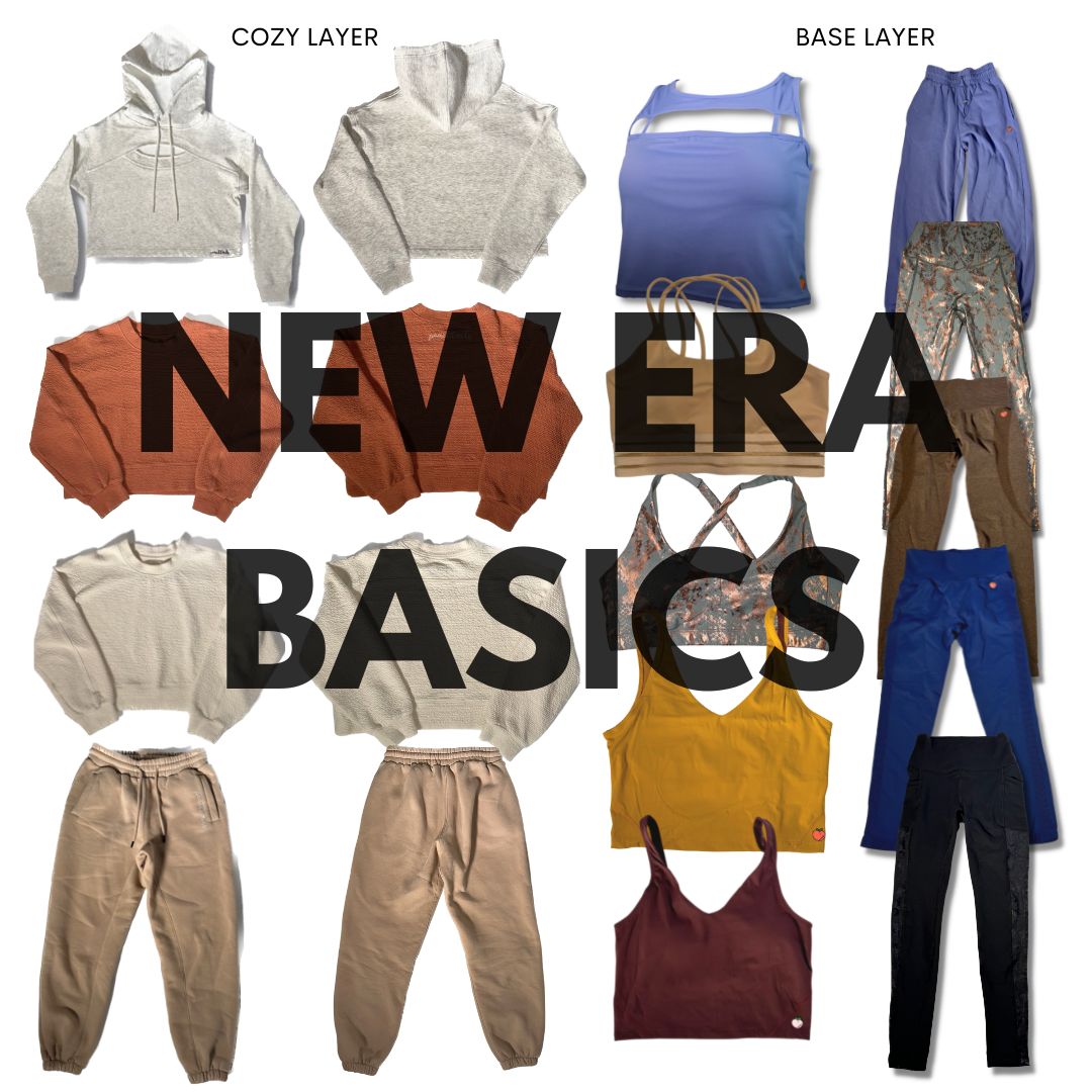 The image is a collage of athleisure wear with the words "NEW ERA BASICS" superimposed. It features two crewneck sweaters, a pair of brown and blue joggers, a sports bra, and a patterned top with a matching bag. The items are arranged to showcase a trendy and casual fashion line.