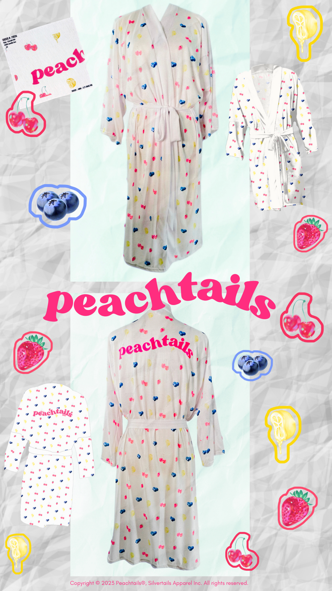 The image displays a collection of bathrobes with the 'peachtails' logo, set against a crinkled pastel background with fruit and ice pop illustrations. The main robe is front and center with two smaller images of the same robe on either side. Each robe features a playful pattern of colorful fruits. The word "peachtails" is prominently displayed in a large, pink script in the middle of the image. The design is whimsical and lively, suggestive of a fun and comfortable clothing line.