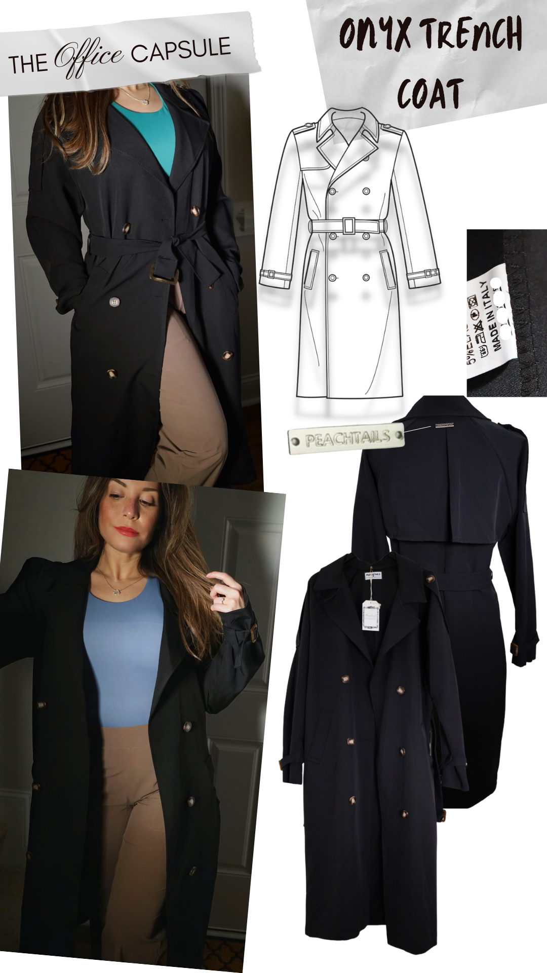 The image presents a collage for "THE OFFICE CAPSULE" featuring the "ONYX TRENCH COAT" from PEACHTAILS. It includes a photo of a woman wearing the trench coat, a sketch of the coat design, and a PEACHTAILS garment tag, suggesting a stylish and contemporary approach to professional wear. The design elements and the coat itself are predominantly black, exuding elegance and sophistication.