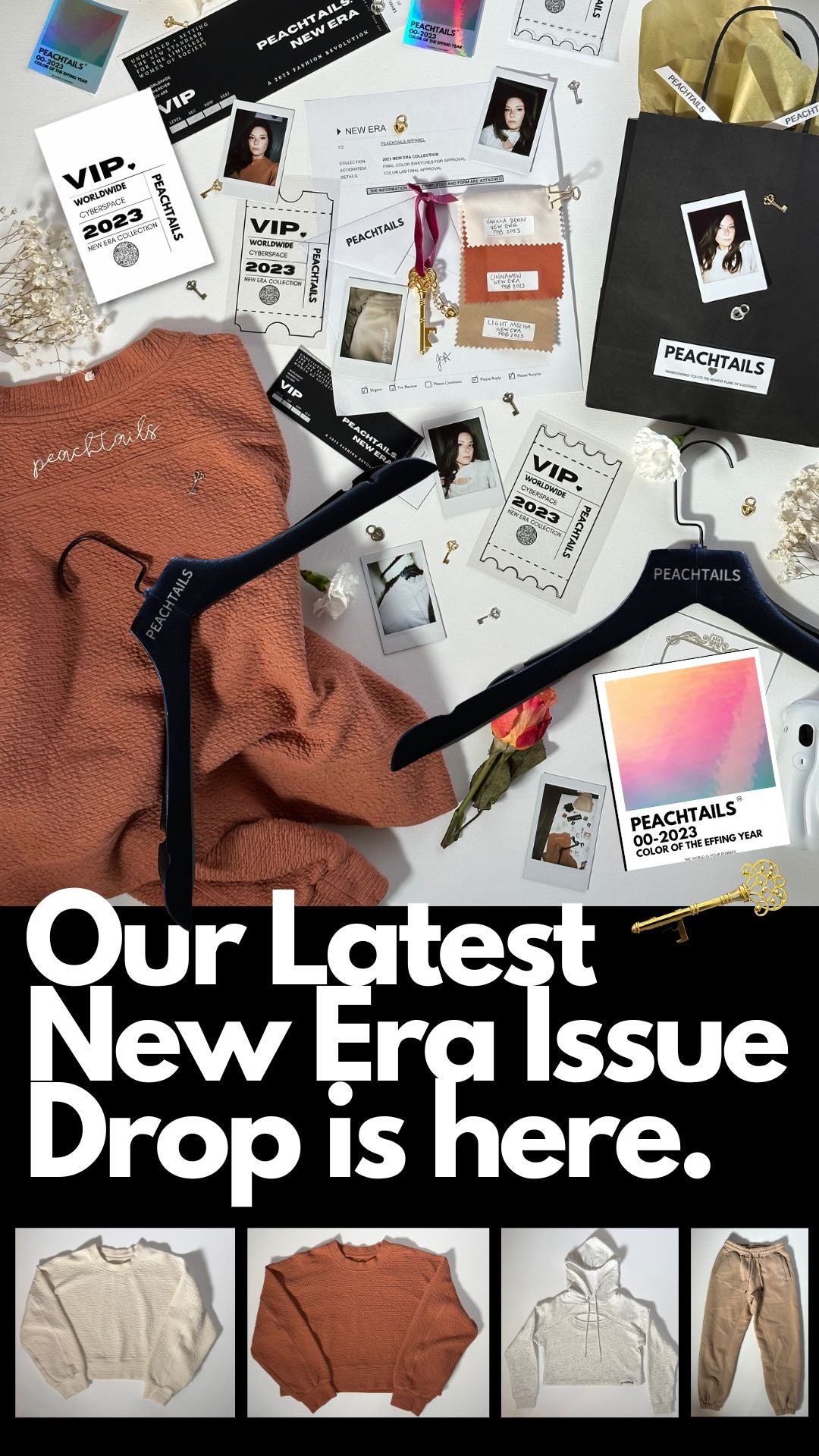The image is a promotional collage for PEACHTAILS, announcing "Our Latest New Era Issue Drop is here." The background is cluttered with VIP cards, clothing tags, a hanger holding a textured peach sweater, and various PEACHTAILS branded items. At the bottom, the clothing pieces from the new issue are displayed: a beige sweater, a peach hoodie, and a pair of beige pants. The collage creates a sense of excitement and exclusivity for the new clothing release.