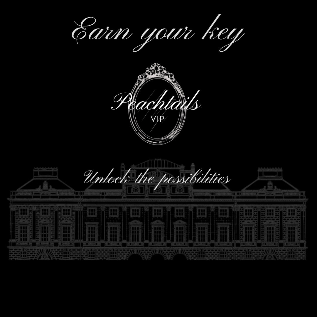 The image features a sophisticated black background with a stately mansion sketched at the bottom. Above the mansion, in elegant white cursive script, reads "Earn your key," followed by "Peachtails VIP" encircled by an ornate oval frame. Below the mansion, it states "Unlock the possibilities" in a simple white font, suggesting an exclusive offer or membership for 'Peachtails VIP' that promises rewarding opportunities.