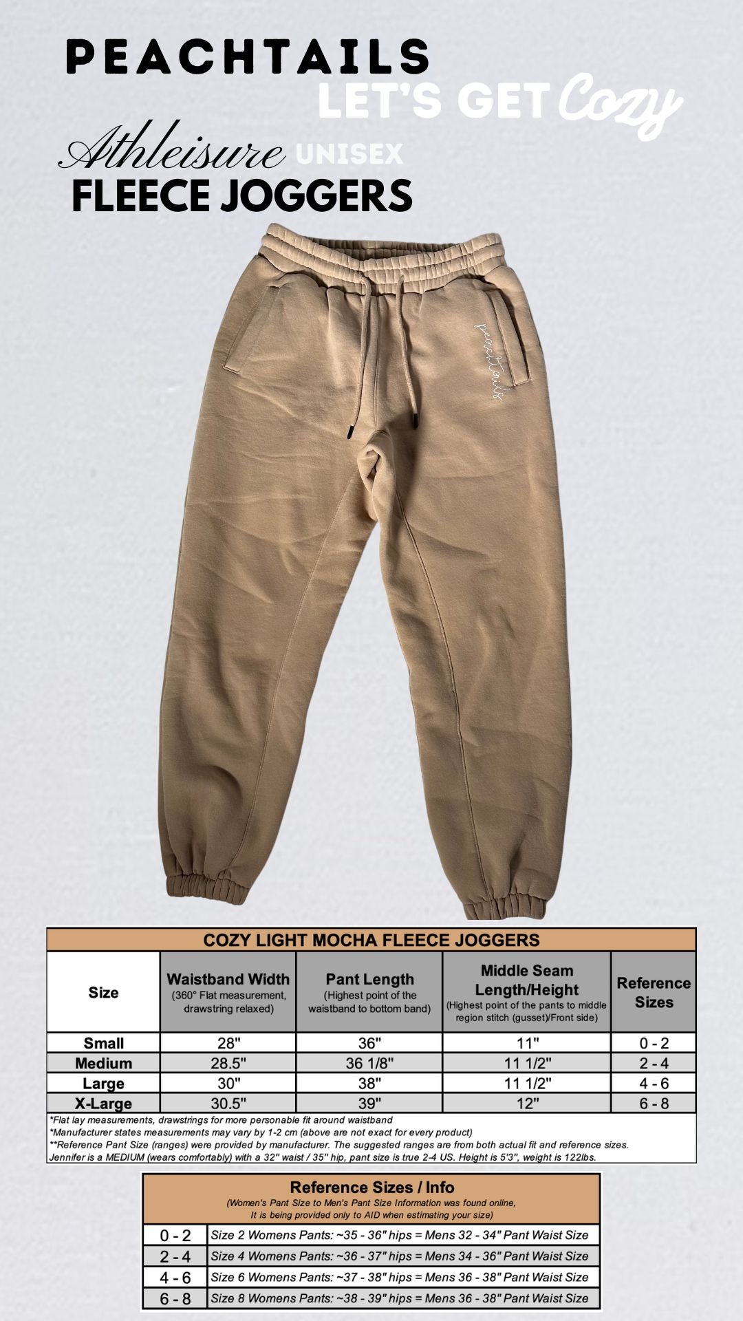 The image is a promotional graphic for Peachtails Athleisure Unisex Fleece Joggers, captioned "Let's Get Cozy." It showcases a pair of light mocha fleece joggers. Below the image is a sizing chart detailing waistband width, pant length, and middle seam length for sizes small to x-large, with a reference size guide ranging from 0-8.