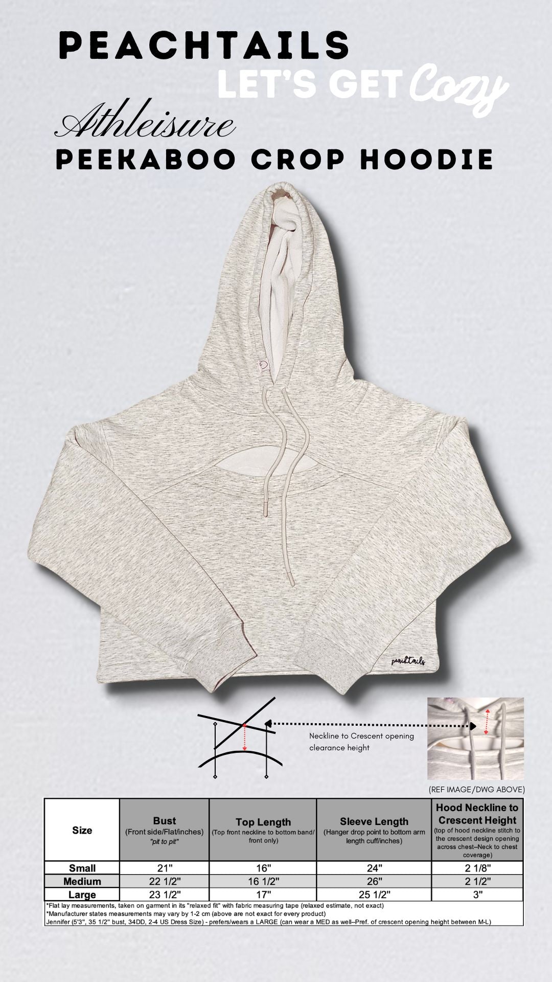 The image features an ad for Peachtails Athleisure Peekaboo Crop Hoodie with the slogan "Let's Get Cozy." Displayed is a light heather grey crop hoodie with a deep cut neckline and hood. A size chart is included with measurements for bust, top length, sleeve length, and hood neckline to crescent height for small, medium, and large sizes.