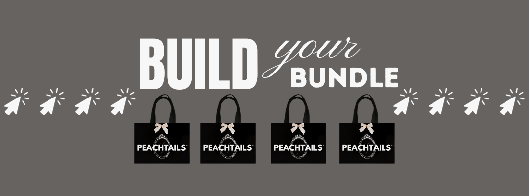 The image displays a promotional graphic with a dark gray background. At the top in large, white, slightly cursive and capital letters is the text "BUILD YOUR BUNDLE". Below the text are three identical black tote bags in a row. Each bag features the "PEACHTAILS" logo in white. The registered trademark symbol (®) is present at the end of the "PEACHTAILS" text on each bag. The design conveys a marketing message encouraging customers to select a bundle of products.
