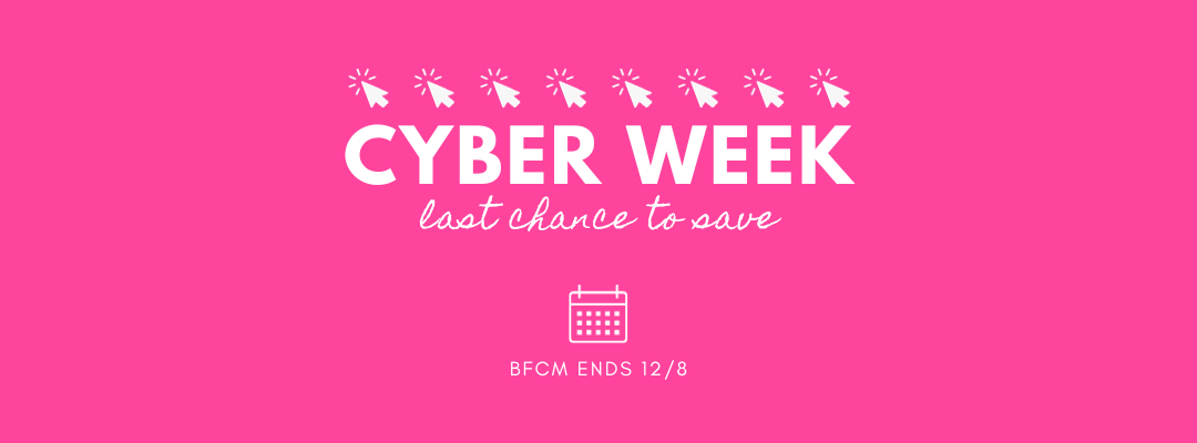 The image features a vibrant pink background with white text centered in the middle that reads "CYBER WEEK last chance to save, ENDS 12/8." There are small cursor clicking graphics above it, symbolizing online shopping. The overall design is simple and clean, with a modern and energetic feel, emphasizing the urgency of the final opportunity to take advantage of Cyber Monday sales.