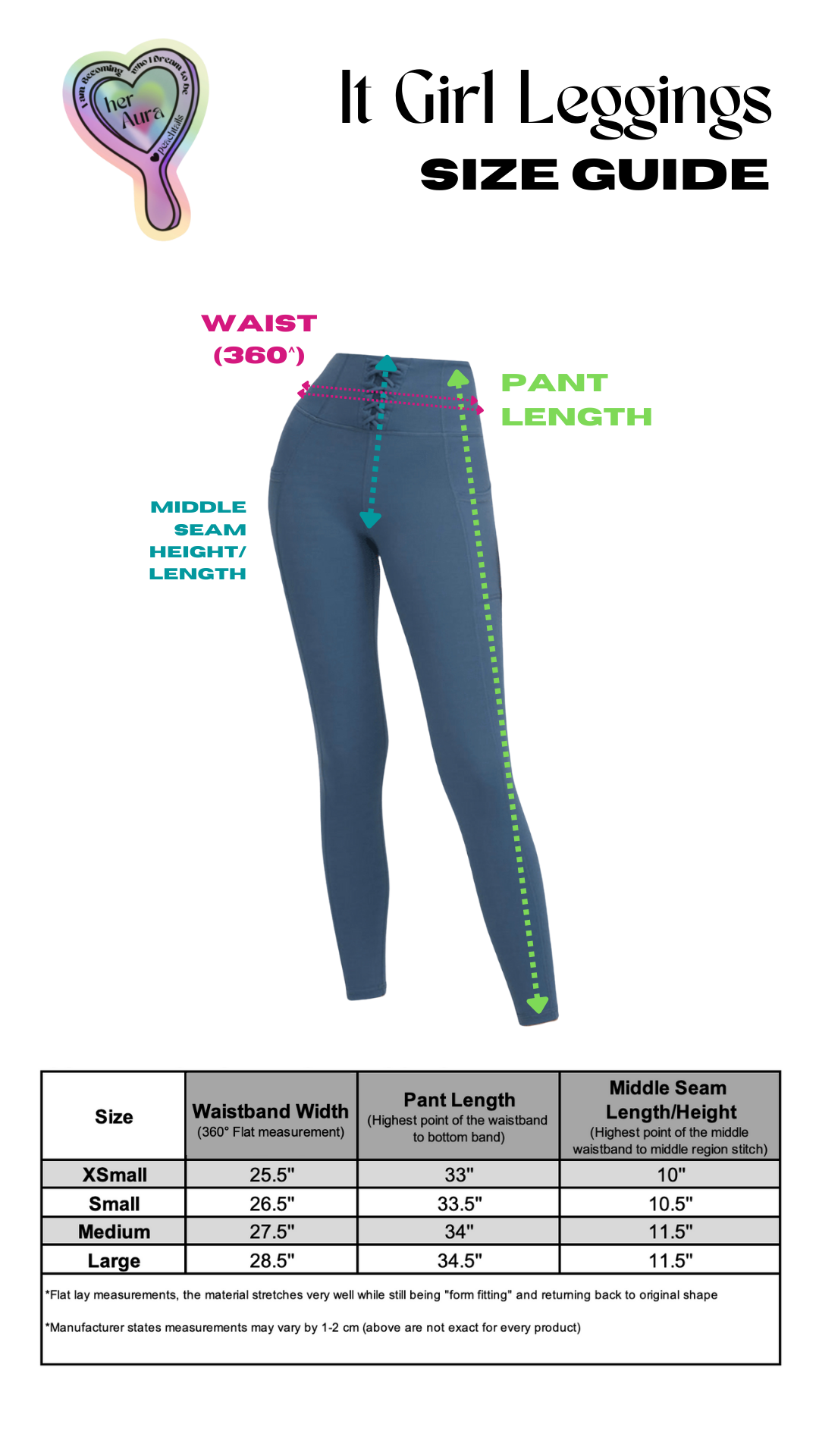 The image shows a size guide for "It Girl Leggings," detailing waistband width, pant length, and middle seam length for sizes XS through Large. The leggings are displayed on a mannequin, with dotted lines indicating measurement areas. The waistband width ranges from 25.5" to 28.5", pant length from 33" to 34.5", and middle seam length from 10" to 11.5". The note mentions that the material stretches well and returns to its original shape, with possible variations in measurements.