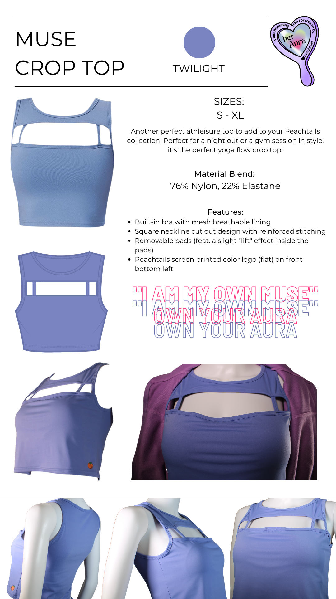 The image is an advertisement for a "Muse Crop Top" in twilight color, available in sizes S - XL. It highlights the top's material blend (76% Nylon, 22% Elastane), features like built-in bra with mesh lining, square neckline with durable reinforced stitching, and removable pads. The top has a screen-printed color logo and the slogan "I am my own muse" and "Own your aura" printed on it. Multiple views of the top are shown.