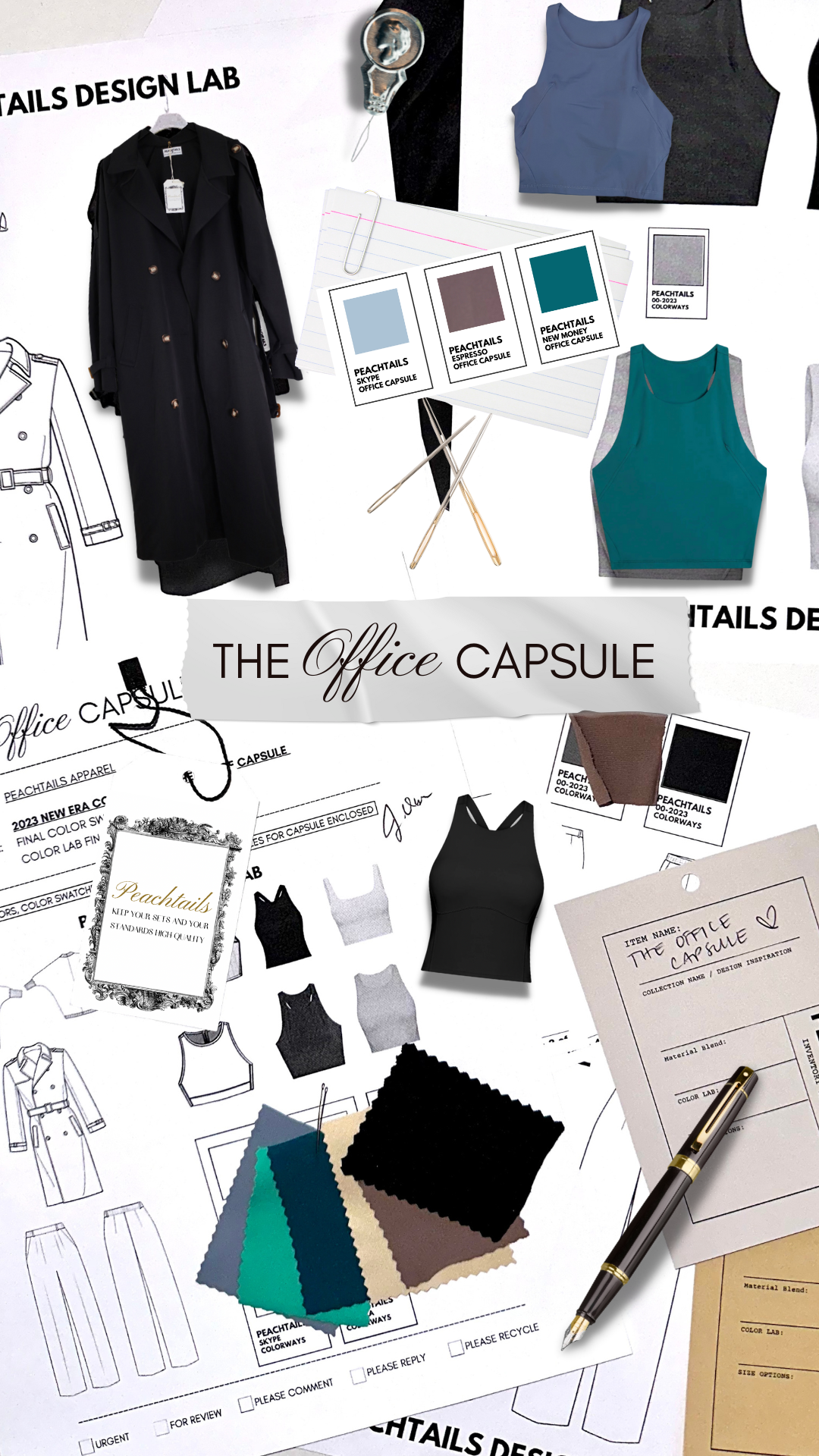 The image is a creative mood board for "THE OFFICE CAPSULE" by PEACHTAILS DESIGN LAB. It includes sketches of professional attire, fabric swatches in earthy and teal tones, and actual clothing items like a tank top. There are also design tools such as pens and color palettes, alongside notes and branding elements, all arranged in a visually appealing collage that suggests a sophisticated and coordinated office wear collection.